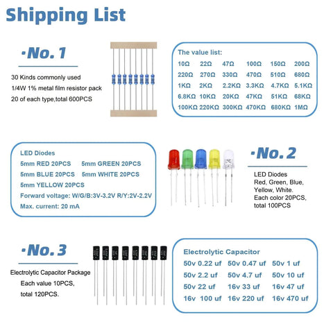 Shipping list for 1410-Piece Electronics Component Kit With Metal Film Resistors, LED Diodes, Capacitors, Transistors