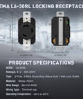 Front and rear views of a NEMA L6-30R locking receptacle, 30A 250V, flush-mount 2-pole 3-wire grounding outlet