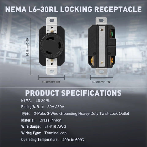 Front and rear views of a NEMA L6-30R locking receptacle, 30A 250V, flush-mount 2-pole 3-wire grounding outlet