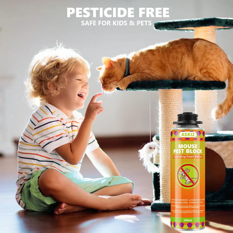 Tough As Nails Mouse Proof Expanding Foam Sealant, Pro Grade Rodent Blocker Spray For Wall Gaps And Cracks, Insulating Barrier That Keeps Pests Out With A Foul Smell Repellent, Bundle Of 12 Cans At 16 Oz placed next to a child and a cat.