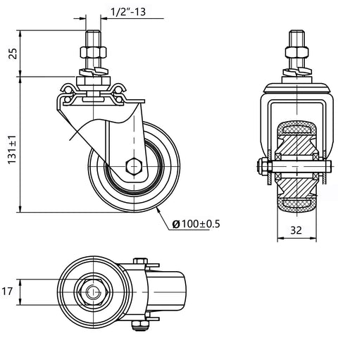 Heavy Duty 4 Inch Polyurethane Swivel Caster Wheels Set Of 4 Threaded Stem Black Industrial Cart Castors technical drawing with dimensions.