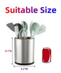 Extra Large 360 Degree Rotating Kitchen Utensil Holder Caddy With Three Compartments Stainless Steel Silverware Organizer next to soda can