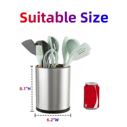 Extra Large 360 Degree Rotating Kitchen Utensil Holder Caddy With Three Compartments Stainless Steel Silverware Organizer next to soda can