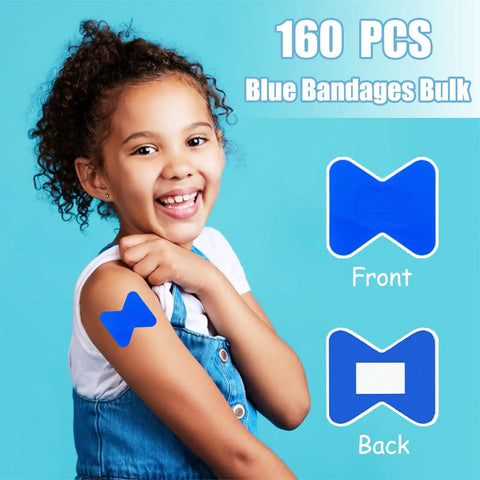 Child wearing Blue Food Service Bandages With Detectable Waterproof Adhesive And Quilt Aid Pad, 160 count, butterfly shape.