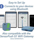 HT1 temperature and humidity sensor with blue gateway and app monitoring screens.