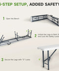 3-step setup guide for Heavy Duty Folding Bench For Outdoor Use With 770 Pound Capacity Safety Lock Button Wide Carry Handle Portable And Easy Clean
