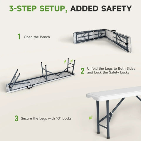 3-step setup guide for Heavy Duty Folding Bench For Outdoor Use With 770 Pound Capacity Safety Lock Button Wide Carry Handle Portable And Easy Clean