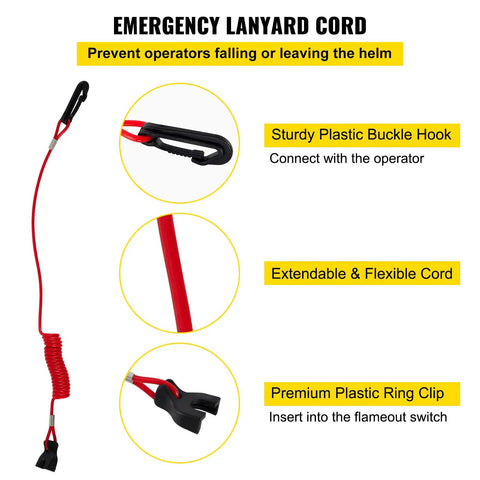 Emergency lanyard cord with black plastic hook and red flexible cord for boat throttle control for single engine outboard.