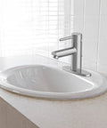 Top Shelf White Ceramic Drop In Bathroom Sink 20 Inch Single Bowl Vanity Washbasin Self Rimming with modern faucet.