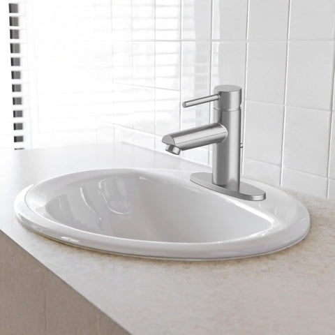 Top Shelf White Ceramic Drop In Bathroom Sink 20 Inch Single Bowl Vanity Washbasin Self Rimming with modern faucet.
