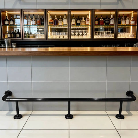 Bar Foot Rail Kit Stainless Steel Under Counter Mount Hardware With Foot Pedal, black finish underneath bar front view