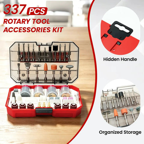 Killer 337 Piece Rotary Tool Accessories Kit Featuring Diamond Grinding Heads Thin Cutting Discs and Fine Sandpaper Belts, organized in a red case.