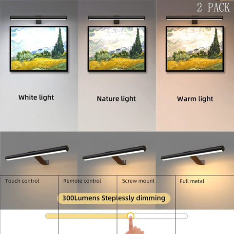 2 Pack Wireless Picture Lights With Remote Battery Operated 16.5 Inch Dimmable showing different light settings and installation