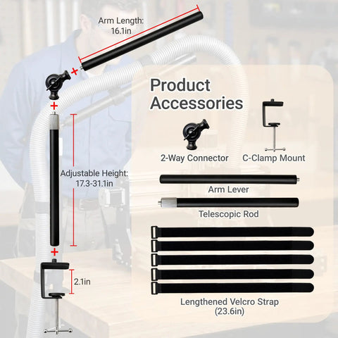 Tool Free Clamp On Dust Collection Boom Arm And Vacuum Hose Mount For Desktop CNC Machines, accessories including adjustable arm and clamps.