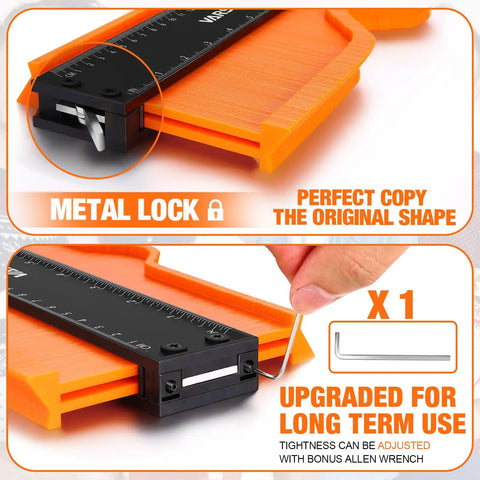 Contour Gauge Tool With Lock 5 Inch And 10 Inch Measuring Scribe For Precise Profile Duplication in Woodworking shown with metal lock and Allen wrench.