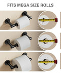 Image showing Stainless Steel No-Slip Pivoting Double-Post Toilet Paper Holder Wall Mount Dispenser for mega jumbo rolls, measuring roll sizes.