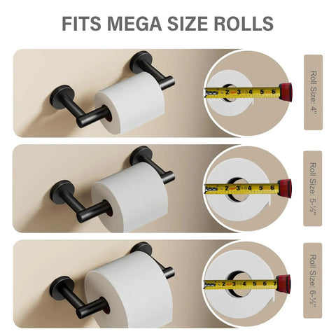 Image showing Stainless Steel No-Slip Pivoting Double-Post Toilet Paper Holder Wall Mount Dispenser for mega jumbo rolls, measuring roll sizes.