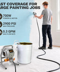 Man using Heavy Duty 700W Electric Airless Paint Sprayer Delivers Slick 2900 PSI Coating Power for interior painting.