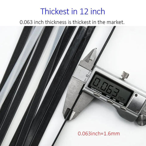 Caliper measuring thickness of Heavy Duty Zip Ties 12 Inch Nylon Tie Wraps Ultra Strong 120 Lb Tensile Strength 100 Pack