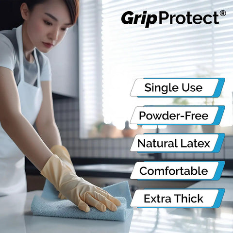 Heavy Duty 8 Mil Latex Gloves Powder Free 100 Count Thick Disposable Gloves snag resistant worn while cleaning a surface.