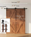 Front view of 9Foot Single Track Bypass Sliding Barn Door Hardware Kit for Double Doors, showing wood doors and rail system.