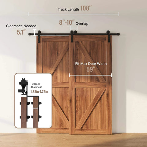 Front view of 9Foot Single Track Bypass Sliding Barn Door Hardware Kit for Double Doors, showing wood doors and rail system.