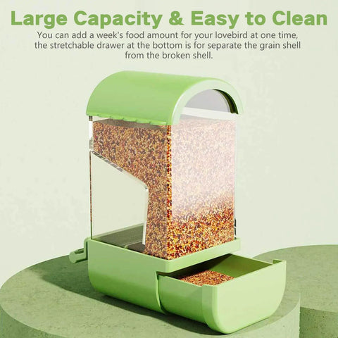No Fuss Acrylic Automatic Bird Feeder With Sturdy Perch For Cage hassle free seed dispenser with clear grain compartment.