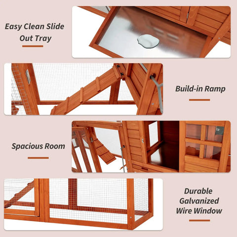 Big Ol Wooden Chicken Coop With Run For 4-6 Chickens, 2-Tier Outdoor Hen House features slide-out tray, ramp, and wire window.