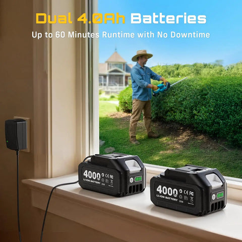 Man using Cordless 20V Hedge Trimmer with 20 Inch Dual Action Blades Dual 4.0Ah Batteries Rotatable Handle in garden trimming hedges