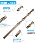 Tap And Drill Bit Set With 2 Taps And 2 Drill Bits 10 24 UNC Straight Flute Threads And 3 8mm Drills High Speed Steel 6542 M2 And M35 Cobalt Uncoated Yellow Finish Tapping Tool Kit spiral flute close-up with roasted yellow finish and universal shank.