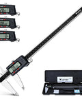 12 Inch Digital Caliper With Stainless Steel Body Large LCD Screen Auto Off Three Unit Readouts Inch Millimeter Fraction Conversion Vernier Caliper for DIY Pros in Metalworking Automotive and Jewelry Making, shown with case and measurements.