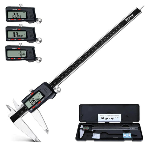 12 Inch Digital Caliper With Stainless Steel Body Large LCD Screen Auto Off Three Unit Readouts Inch Millimeter Fraction Conversion Vernier Caliper for DIY Pros in Metalworking Automotive and Jewelry Making, shown with case and measurements.