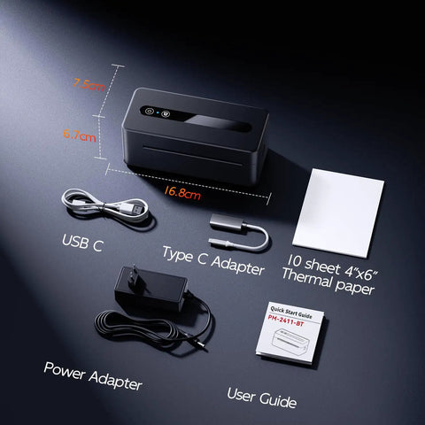 No Fuss Compact Wireless Thermal Label Printer For Quick Shipping And Packing 4X6 Sticker Generator components including USB C, adapters, and user guide.