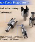 Heavy Duty Carbon Steel Wood Plug Cutter Drill Bit Set With Slick Straight And Tapered Dowel Hole Saw Blades For Badass Workshop Cuts And Sick Precision Results, Four-Tooth Plug Cutters, Sizes 1/4" to 5/8".