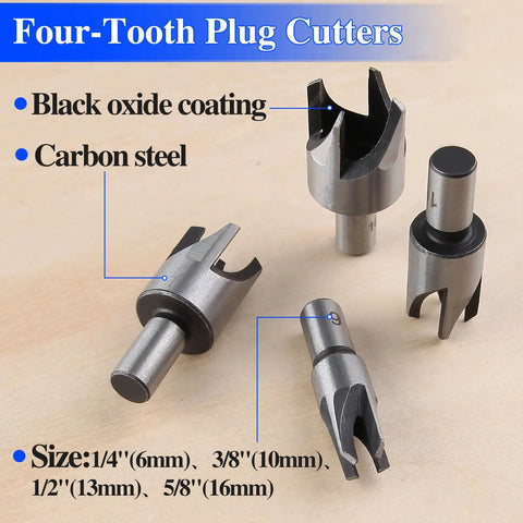 Heavy Duty Carbon Steel Wood Plug Cutter Drill Bit Set With Slick Straight And Tapered Dowel Hole Saw Blades For Badass Workshop Cuts And Sick Precision Results, Four-Tooth Plug Cutters, Sizes 1/4" to 5/8".