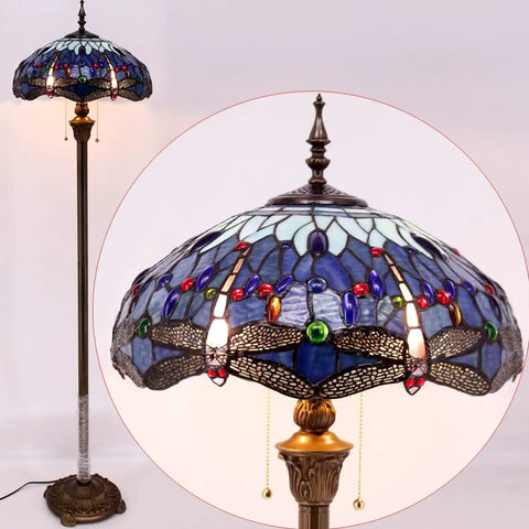 Sea Blue Dragonfly Style Stained Glass Lamp Shade Replacement 16x8 Inch With Cap For Table Lamps Pendant Lights And Ceiling Fixtures