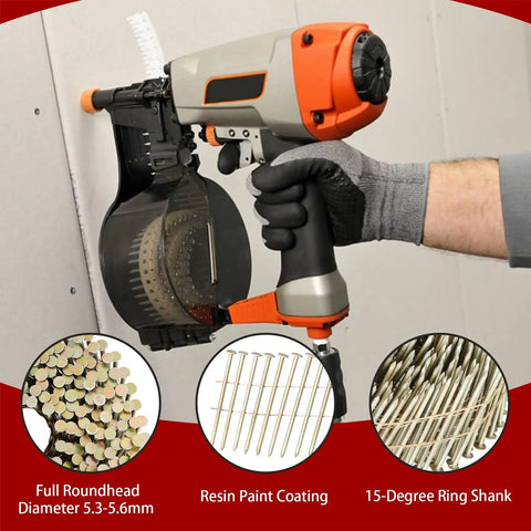 Nail gun using 3600 Count Siding Nails Two And A Half Inch By 0.090 Inch 15 Degree Wire Collated Coil Resin Paint Coated Ring Shank