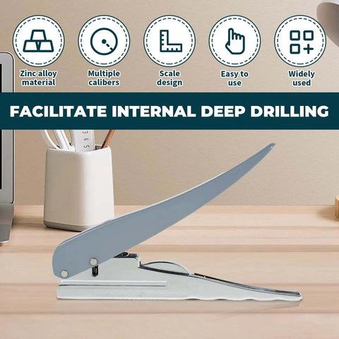 Heavy Duty Handheld Hole Puncher on desk with zinc alloy build and 0.12, 0.24, 0.31 inch holes, 25 sheet capacity, ideal for office use