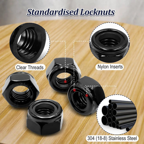 180 Pack Black Lock Nuts Assortment Kit M3 Through M12 Nylon Insert Nylock Nuts 304 Stainless Steel Standard Threads