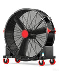 Heavy Duty Portable Floor Fan With Mega Reach Airflow And Easy Grip Handle Thirty Four Inch Sweep on wheeled frame for outdoor use.