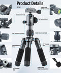 Product details of Compact Mini Desktop Tripod For DSLR, Mirrorless Camera, Phone And Action Cam With 360 Degree Ball Head, 20 Inch Aluminum Portable Tabletop Stand, Holds Up To 17.64 LB, Includes Phone Holder, AM TT50 with components labeled.