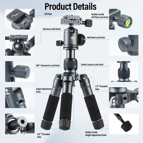 Product details of Compact Mini Desktop Tripod For DSLR, Mirrorless Camera, Phone And Action Cam With 360 Degree Ball Head, 20 Inch Aluminum Portable Tabletop Stand, Holds Up To 17.64 LB, Includes Phone Holder, AM TT50 with components labeled.