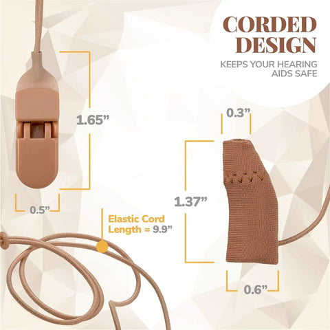 Rugged Hearing Aid Sleeve Protector With Clip Corded Fabric Cover Keeps Your Hearing Aids Clean From Dirt Dust Sweat And Moisture While Slashing Wind Noise And Prevents Lost Gear Fits Most BTE Devices In 1 Inch 1.25 Inch And 2 Inch Sizes, shown with dimensions and corded design