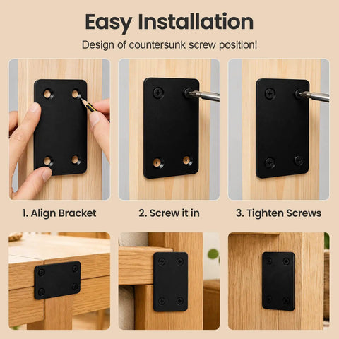 Beefy Black Metal Flat Brace Set 16 Pcs With 64 Stainless Steel Screws for easy wood fixing on tables and cabinets