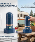 Cordless OH Ion Purifier Produce Cleaner for fruits and veggies on table, portable wash system next to basket and charger