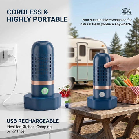 Cordless OH Ion Purifier Produce Cleaner for fruits and veggies on table, portable wash system next to basket and charger
