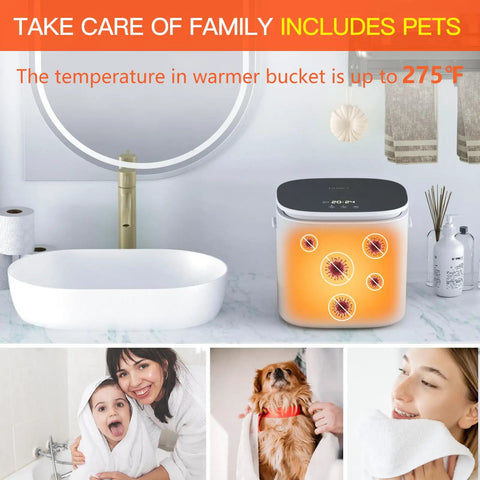 Large 26L Towel Warmer With Auto Keep Warm, 20/40/60 Minute Heat Settings and 24 Hour Delay in bathroom with family use.