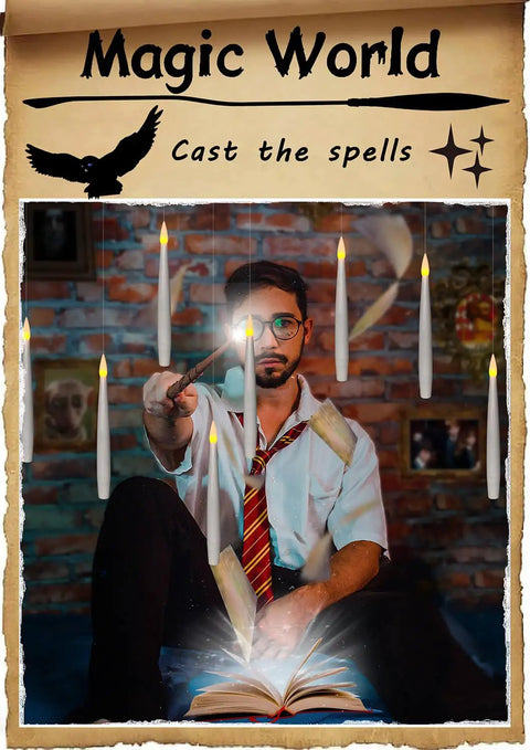 Man using wand with suspended Flameless Taper Floating Candles With Magic Wand Remote 20 Piece Set Dope Flickering Warm Light Battery Operated Six Inch LED Window Candles For Christmas Weddings Halloween And Birthday Party Decor against brick wall.