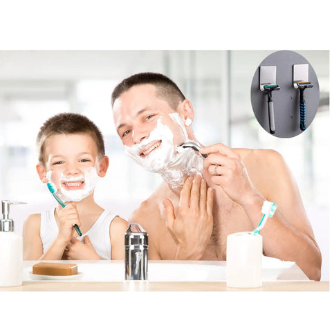 Father and son shaving with razors in bathroom; inset shows Heavy Duty Stainless Razor Holder Hook Set 2 Pack Self Adhesive No Tools Needed