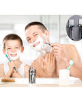 Father and son shaving with Peel And Stick Razor Holder And Shower Hook Organizer Set Four Pack Heavy Duty Stainless Steel displayed